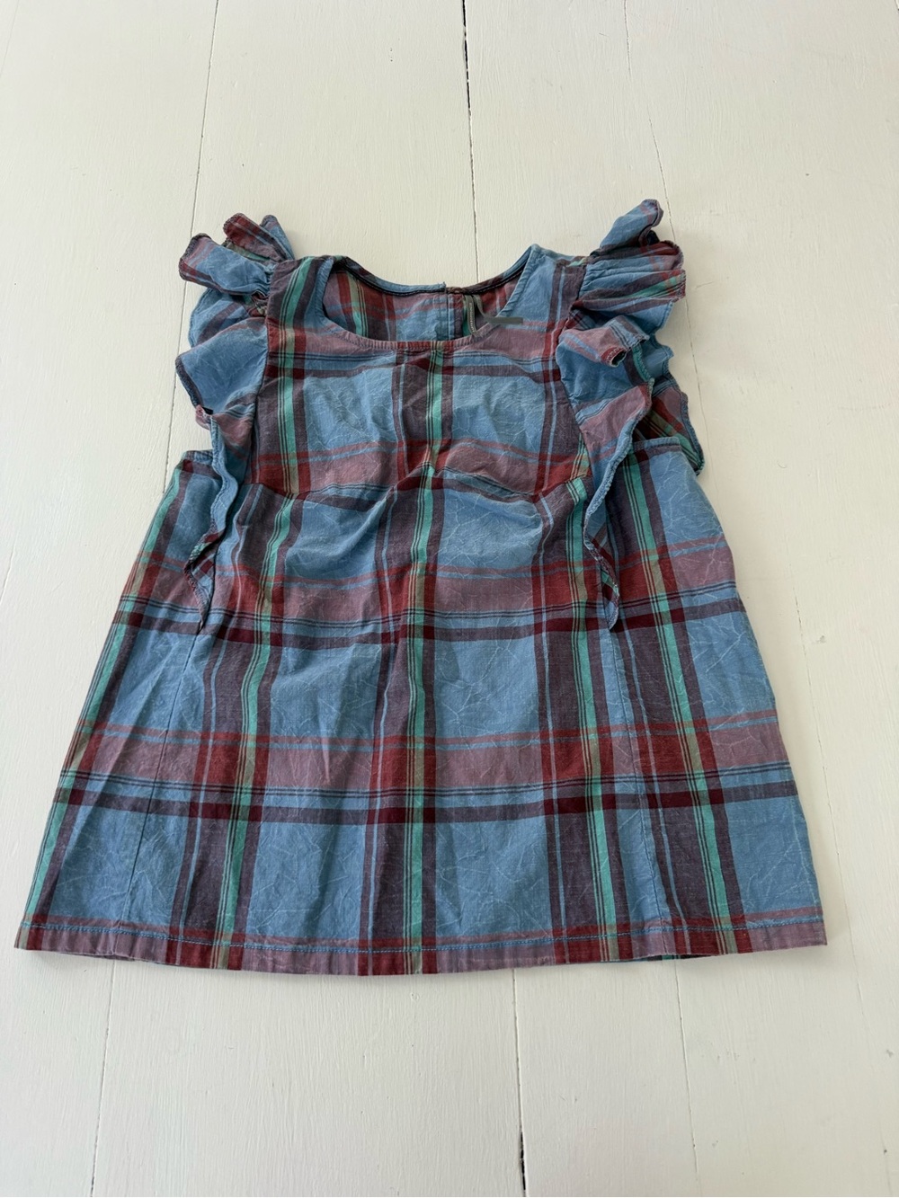 Anthropologie Blue and Burgundy Plaid Ruffle-Sleeve Kids Dress